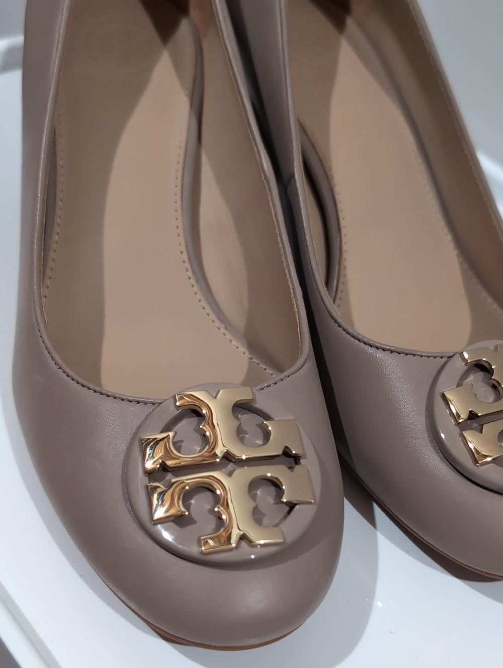 Tory Burch Taupe Block Heel Logo Pumps - Picture 3 of 5